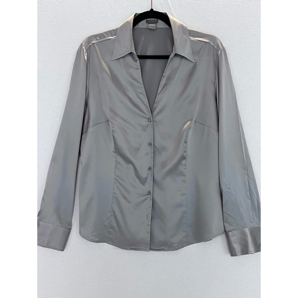 Ann Taylor Silver Gray Blouse Top Womens Size 16 Satin Long Sleeve Button Down